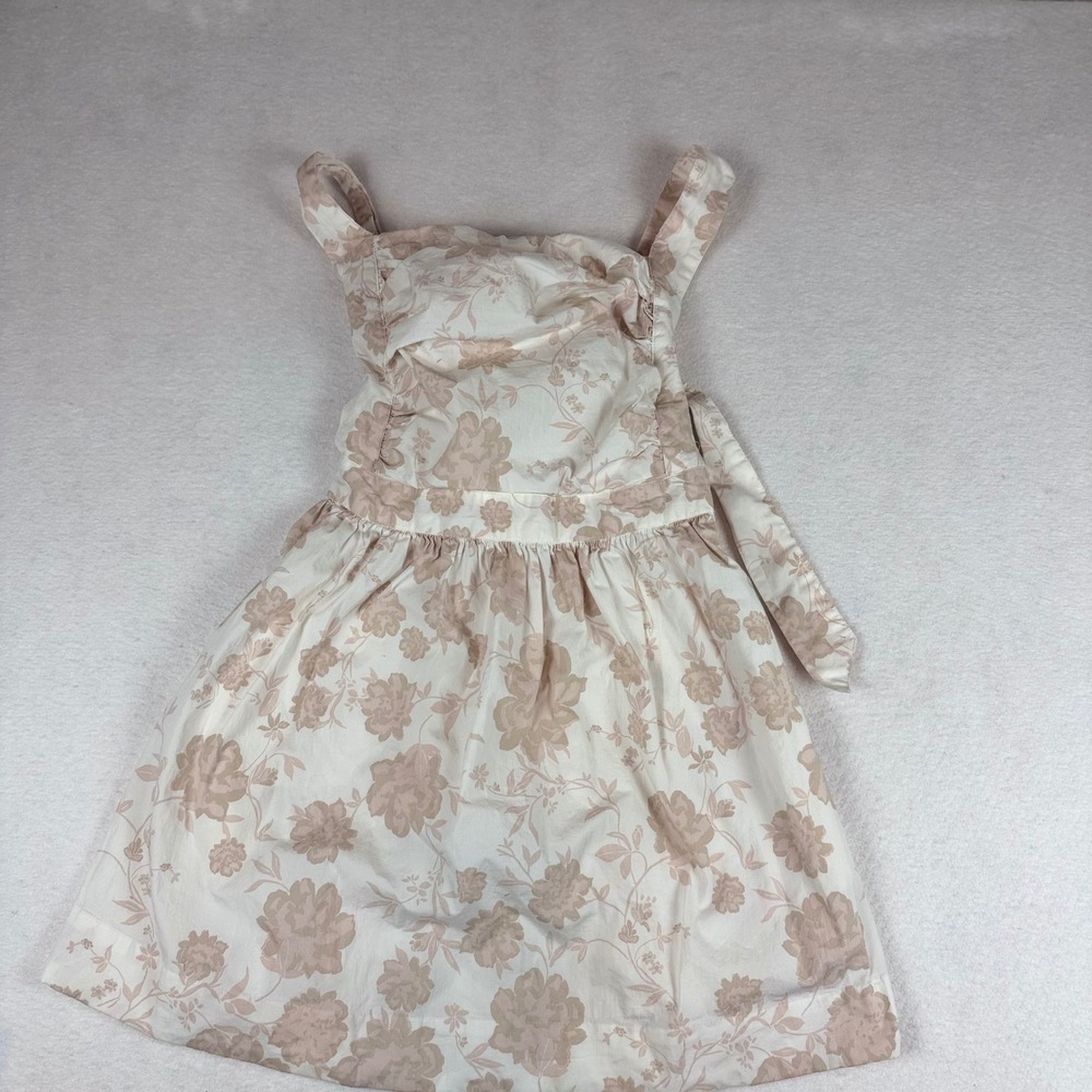 Free People Floral Mini Dress Tan Cream Boho Square Neck Tie Back Pockets Small